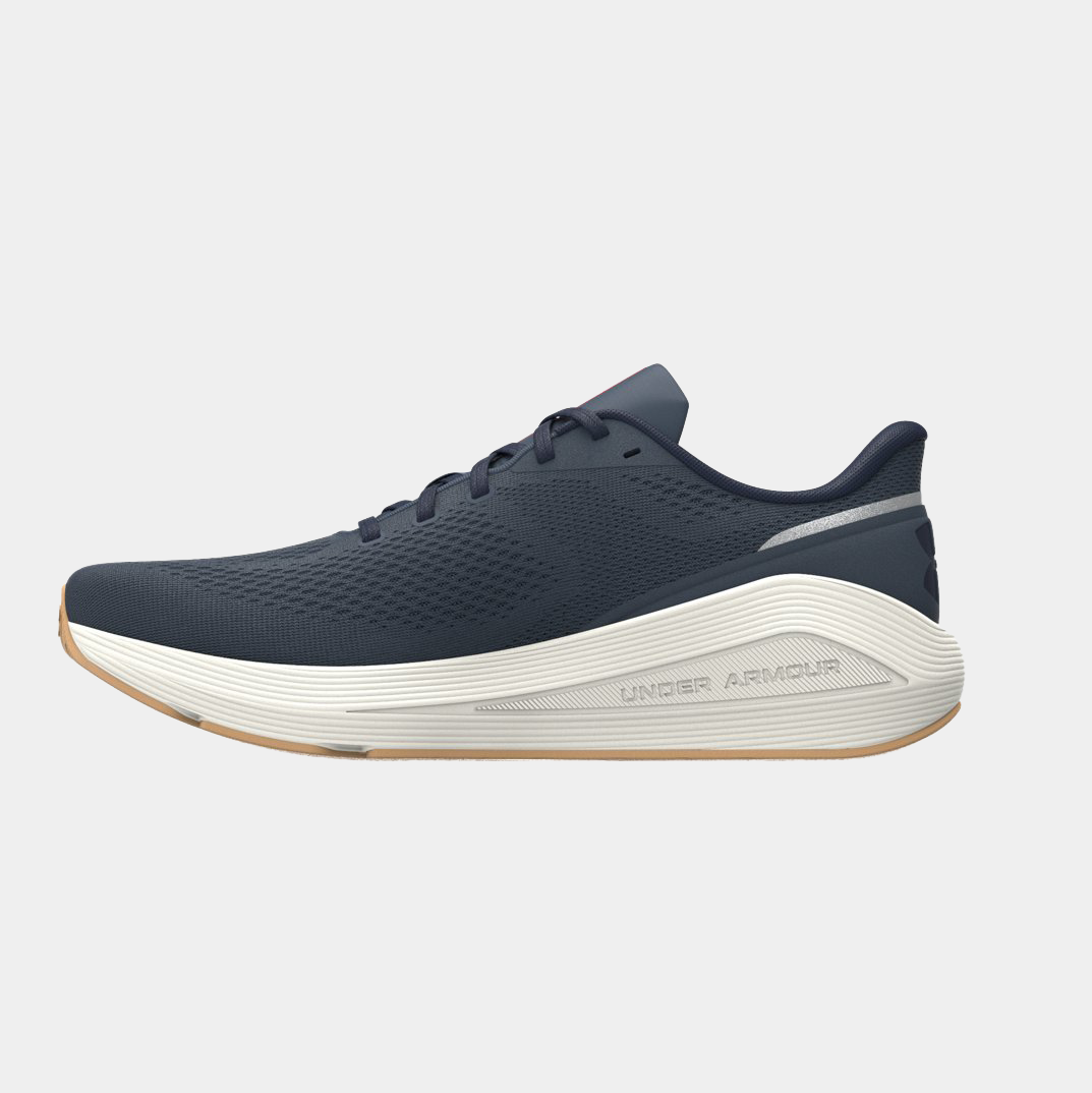 Under Armour HOVR Sonic 7 running shoes in navy blue with a lightweight mesh upper, white midsole, and gum outsole, side view.