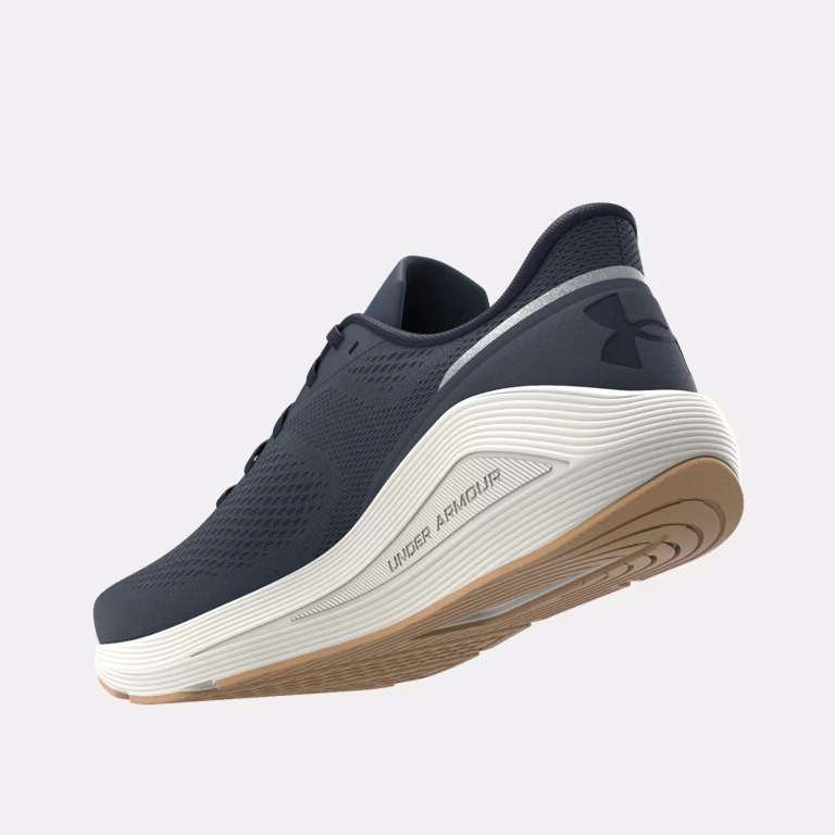 Under Armour HOVR Sonic 7 running shoes in navy blue with breathable mesh upper, cushioned white midsole, and gum rubber outsole, back angle.