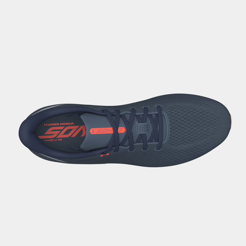 Under Armour HOVR Sonic 7 running shoes top view in navy blue with mesh upper and red branding on cushioned insole.