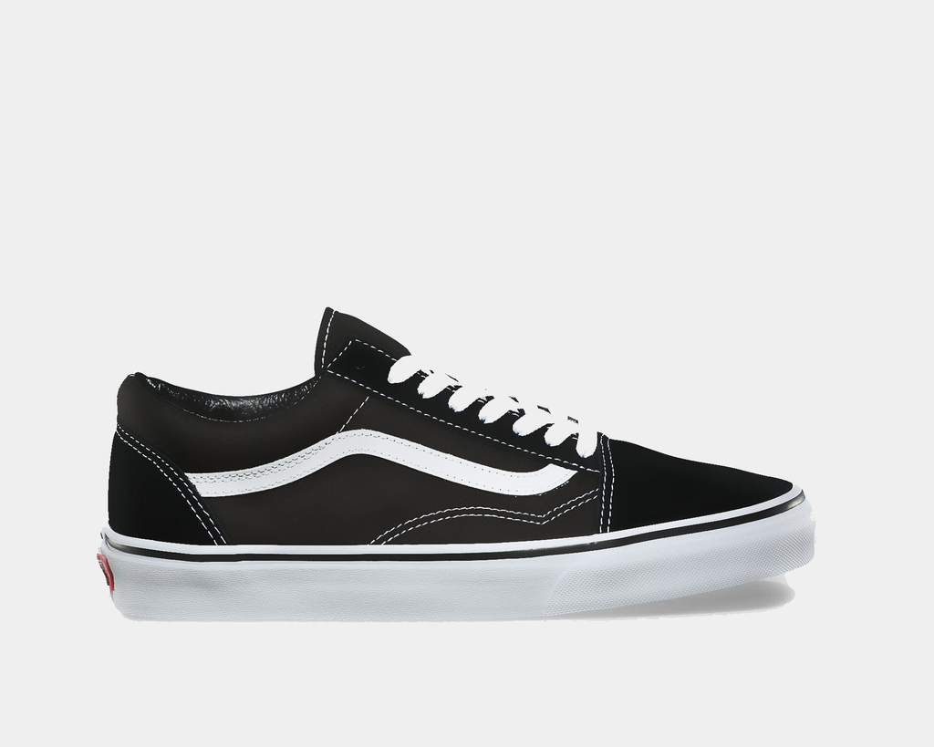 Vans Classic Old Skool sneakers in black canvas and suede with white side stripe, laces, and rubber outsole, side view.