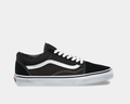 Vans Classic Old Skool sneakers in black canvas and suede with white side stripe, laces, and rubber outsole, side view.