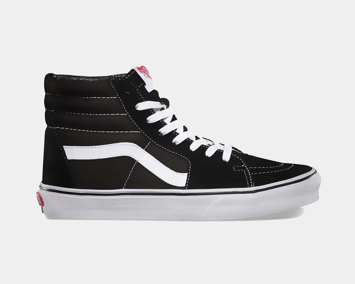 Vans Sk8-Hi sneakers in black canvas and suede with white contrast stitching, iconic side stripe, and white rubber sole, side view.