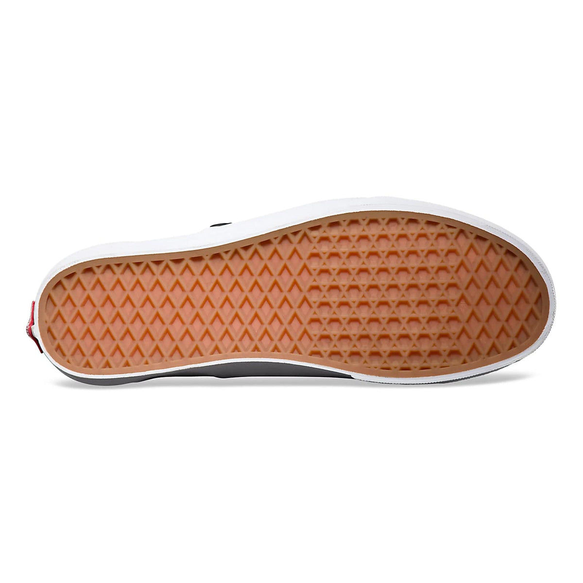 Vans Classic Slip On shoes outsole featuring signature waffle tread pattern in gum brown with white sidewalls, bottom view.