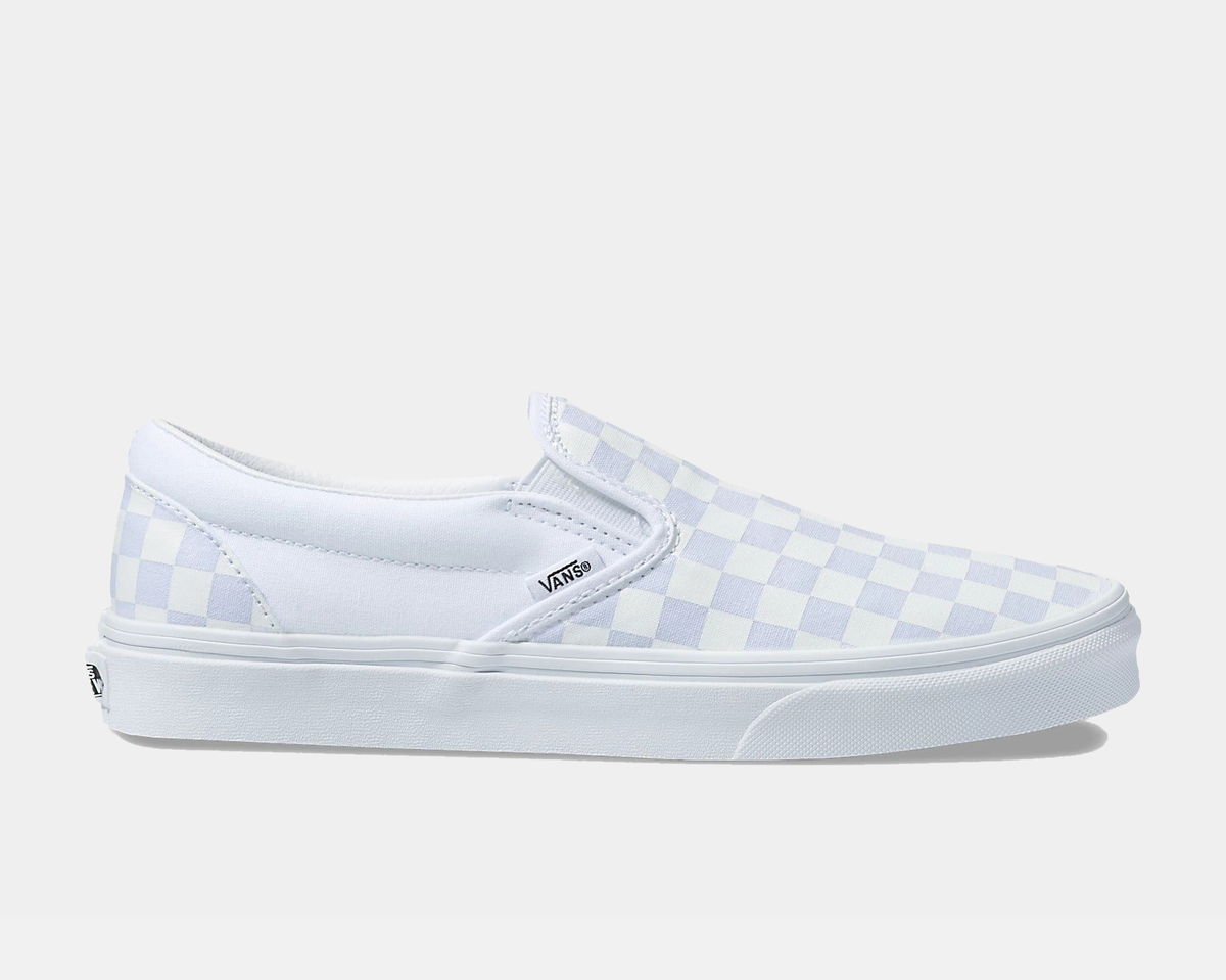 Vans Checkerboard Slip On sneakers in white with light gray checkerboard pattern and white rubber sole, side view