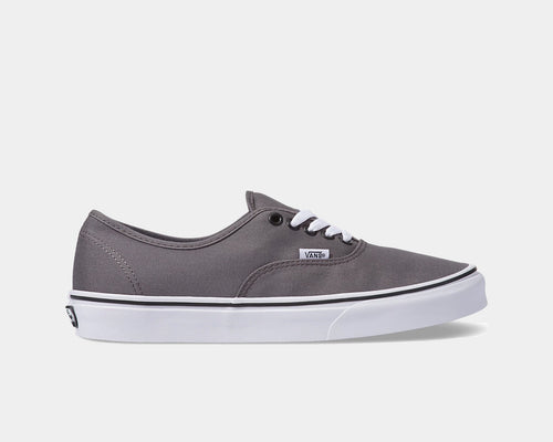 Vans Authentic shoes in gray canvas with white laces, black piping, and white rubber sole, side view.