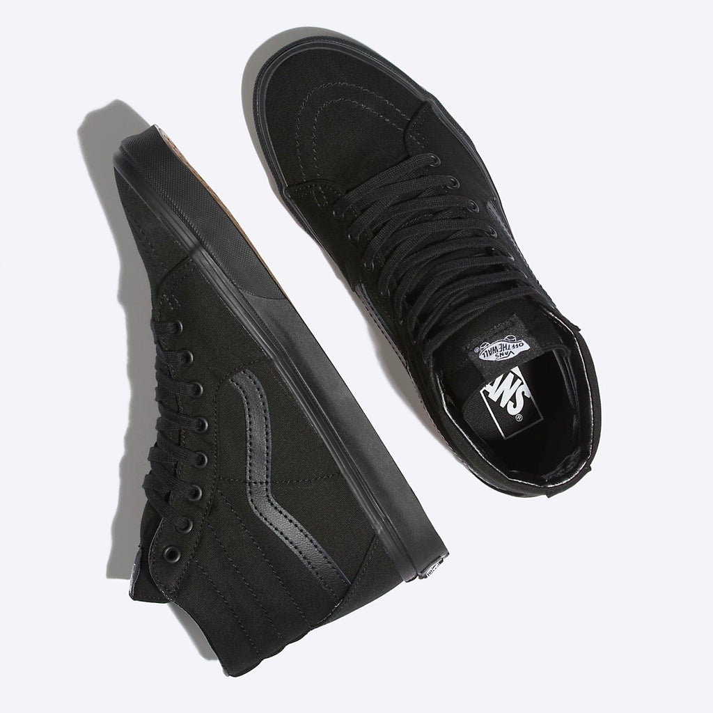 Vans Sk8-Hi sneakers in black with canvas upper, suede detailing, and signature side stripe, side and top angle views.