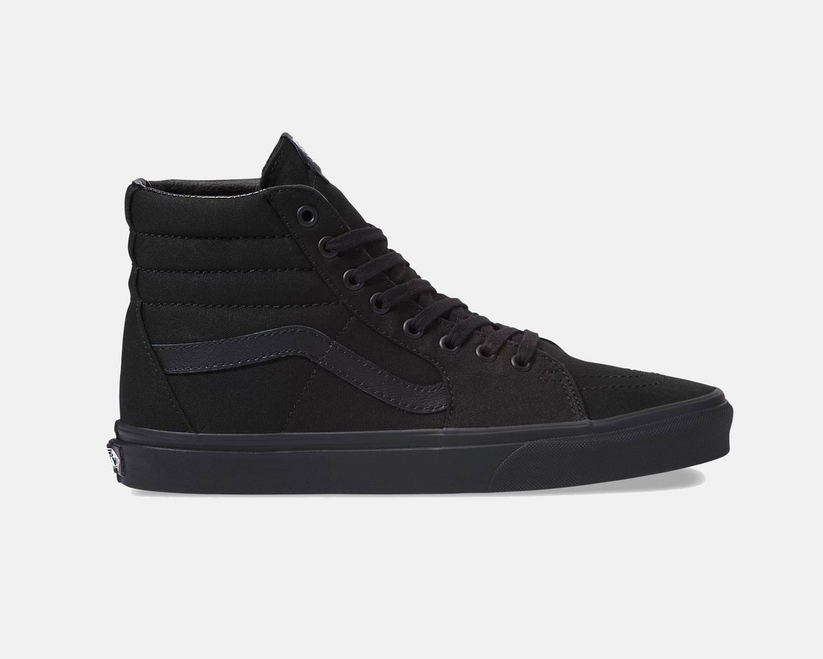 Vans Sk8-Hi high-top shoes in black with suede and canvas upper, padded ankle collar, and waffle outsole, side view.