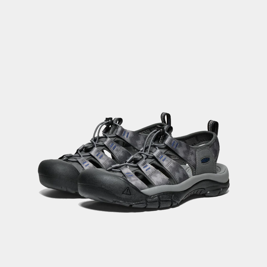 Keen Newport H2 sandals in dark gray with quick-draw elastic lacing system and durable toe protection, angled front view.