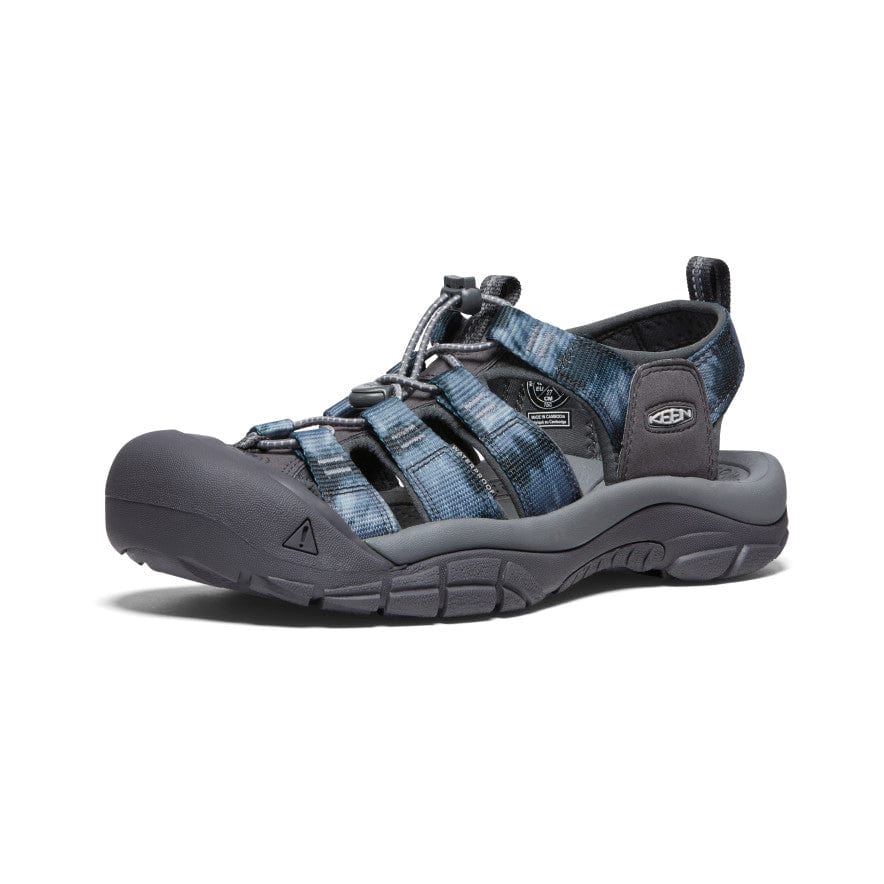 Keen Newport H2 sandals in blue and gray with quick-draw elastic cord lace system and rugged rubber outsole, side angle.