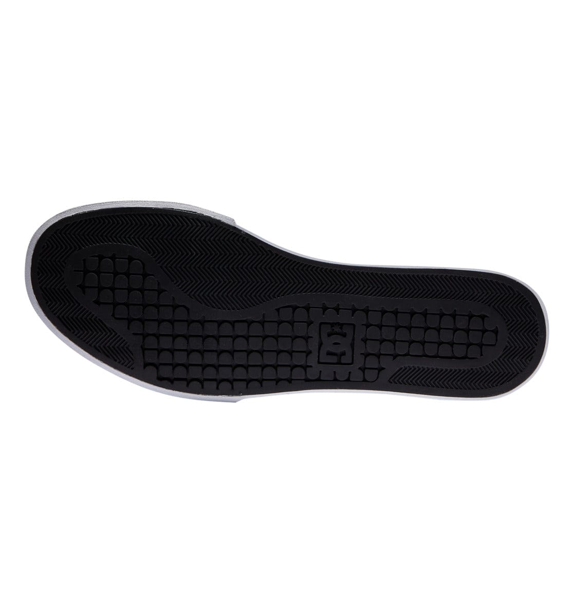 DC Footwear Pure High Top WC shoe outsole in black rubber with textured tread pattern and logo detail.