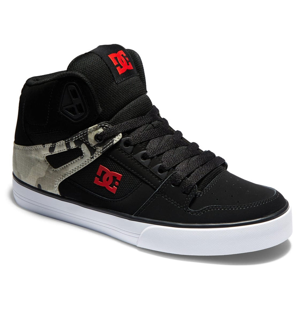 DC Footwear Pure High Top WC sneakers in black with camouflage accents, red logo detailing, and white outsole, side view.