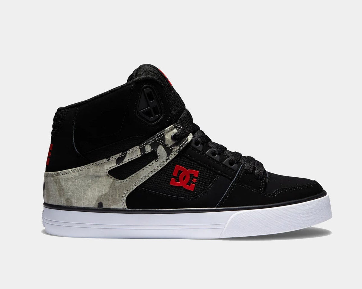 DC Footwear Pure High Top WC sneakers in black with camouflage accents, red logo detailing, and white outsole, side view.