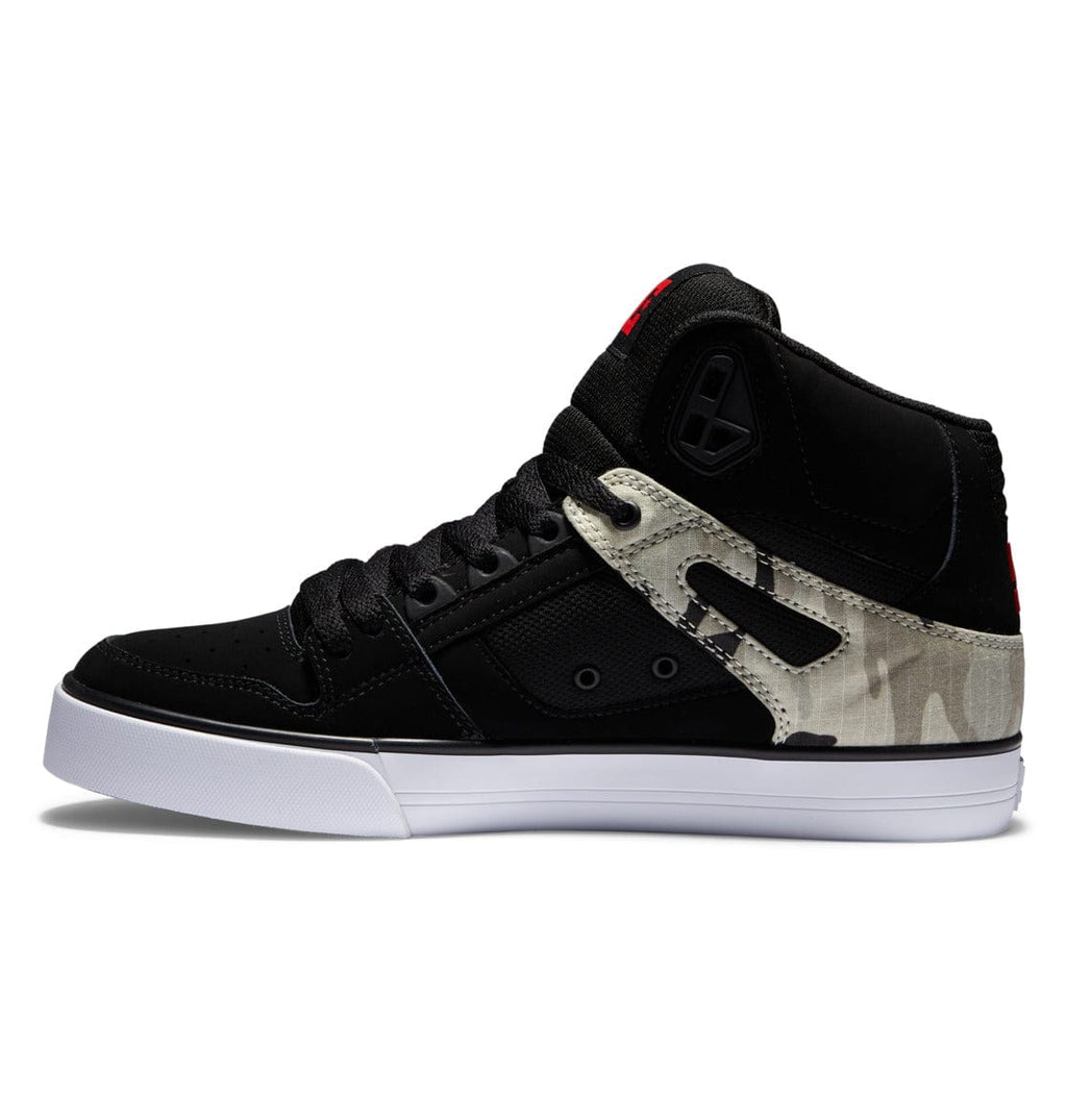 DC Footwear Pure High Top WC sneakers in black with camouflage accents and white sole, side view.