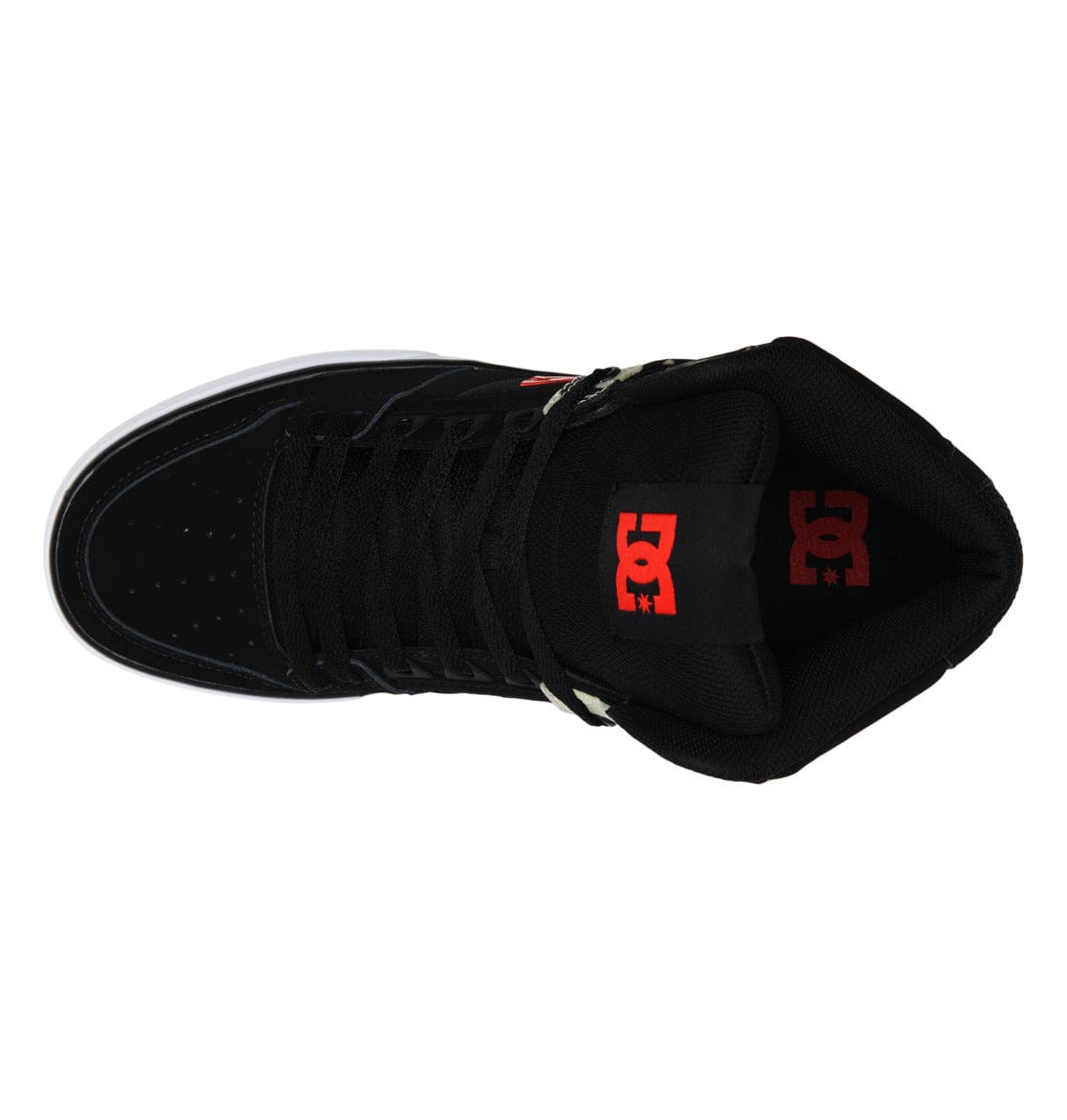 DC Footwear Pure High Top WC sneakers top view showcasing black uppers, perforated toe box, and red DC branding on the tongue.