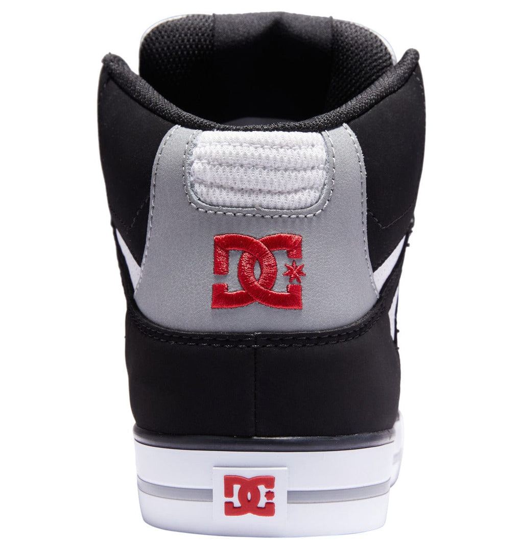 DC Footwear Pure High Top WC sneakers back view in black and gray with red embroidered logo and white outsole.