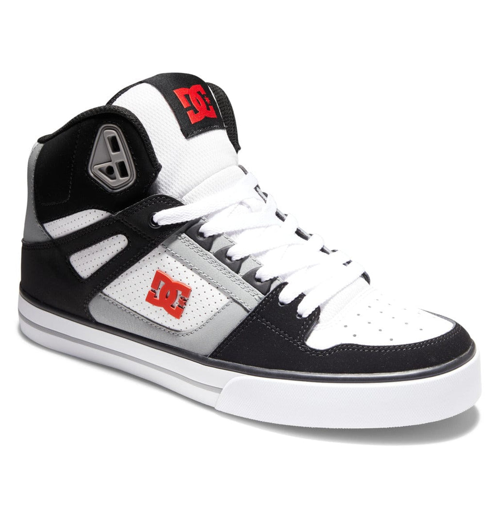 DC Footwear Pure High Top WC sneakers in black, white, and gray with red logo detailing, front side view showing lace-up design and padded collar.