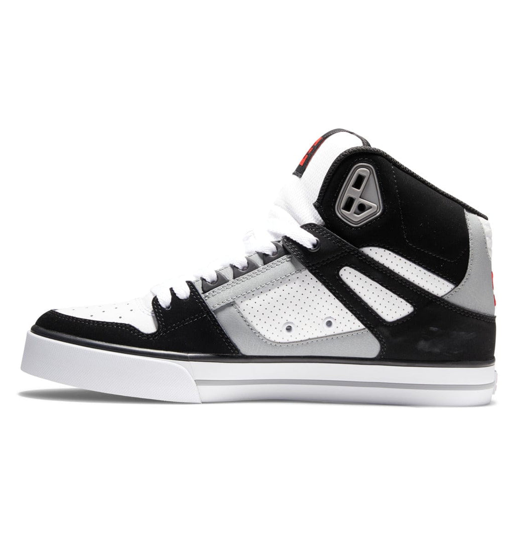 DC Footwear Pure High Top WC sneakers with black, white, and gray suede and leather upper, perforated panels, and padded ankle support, side view.
