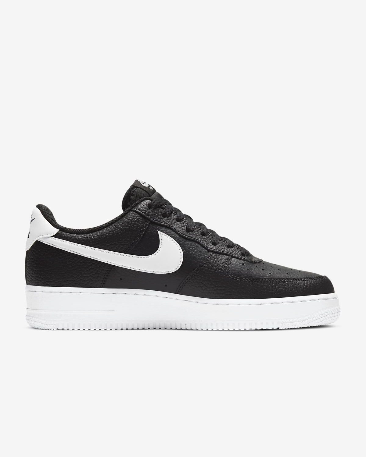 A pair of black Nike Air Force 1 '07 sneakers with a white swoosh and lace-up closure.