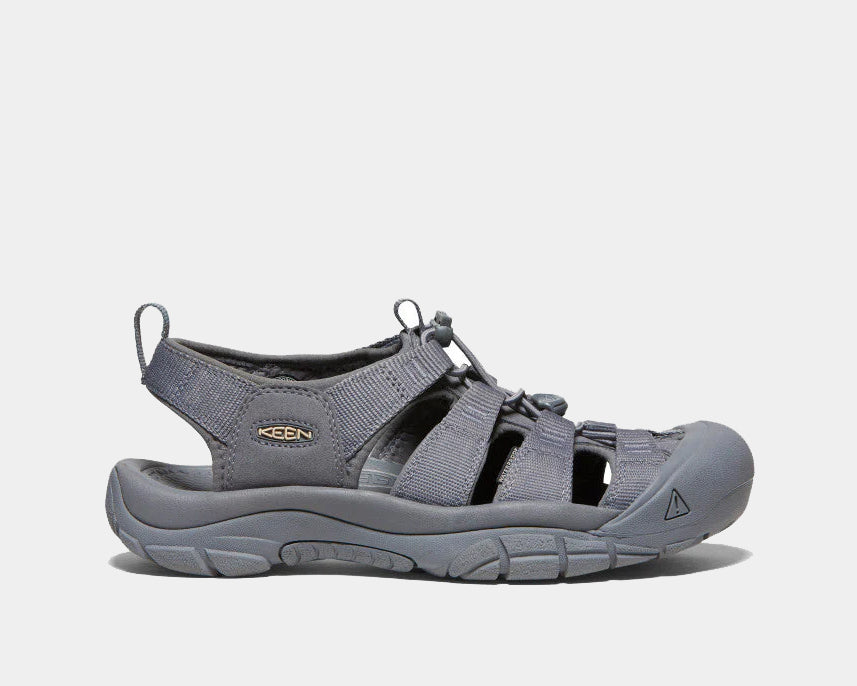Keen Newport H2 sandals in solid gray with durable polyester webbing, secure fit lace system, and protective toe cap, side view.
