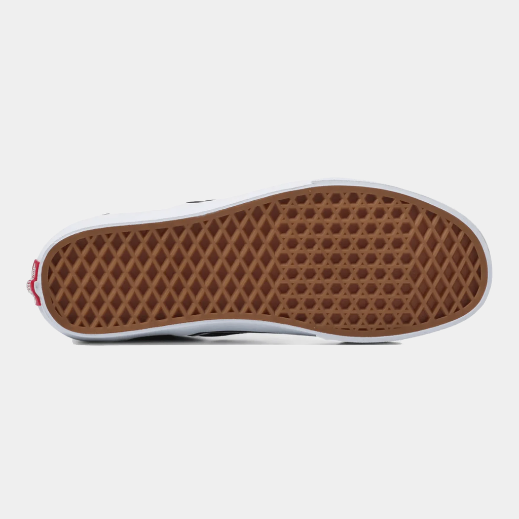 Vans Checkerboard Slip On outsole with signature waffle tread design in brown rubber, sole view.