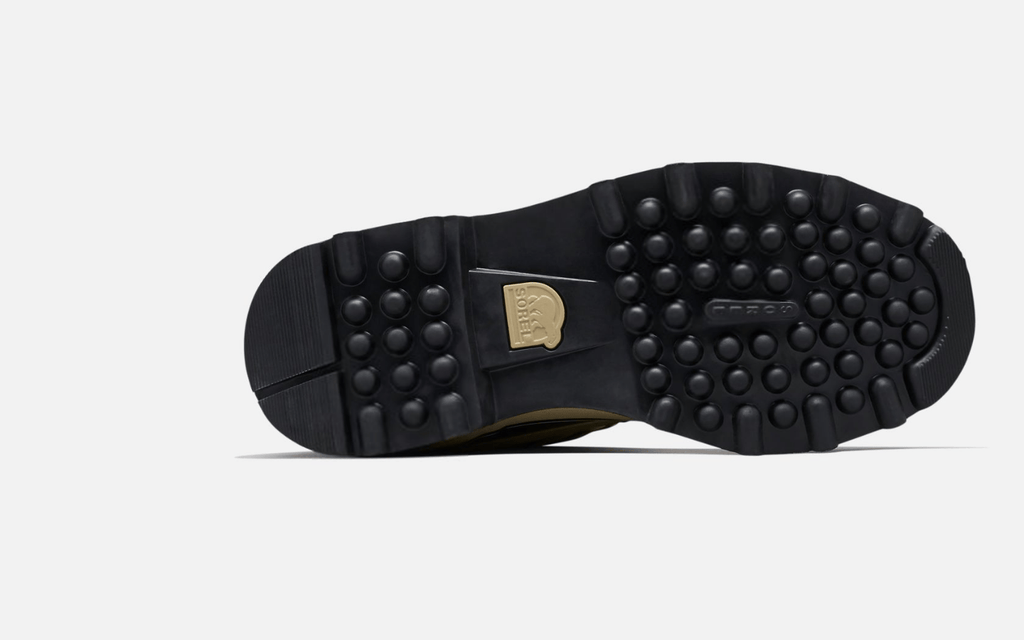 Sorel Caribou Winter Boots outsole view showing durable black rubber with textured grip and embossed Sorel logo.