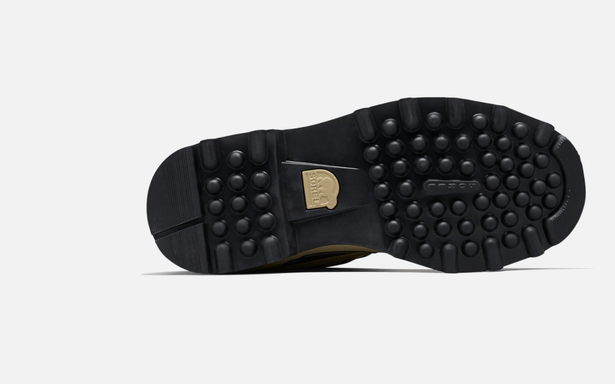 Sorel Caribou Winter Boots outsole view showing durable black rubber with textured grip and embossed Sorel logo.