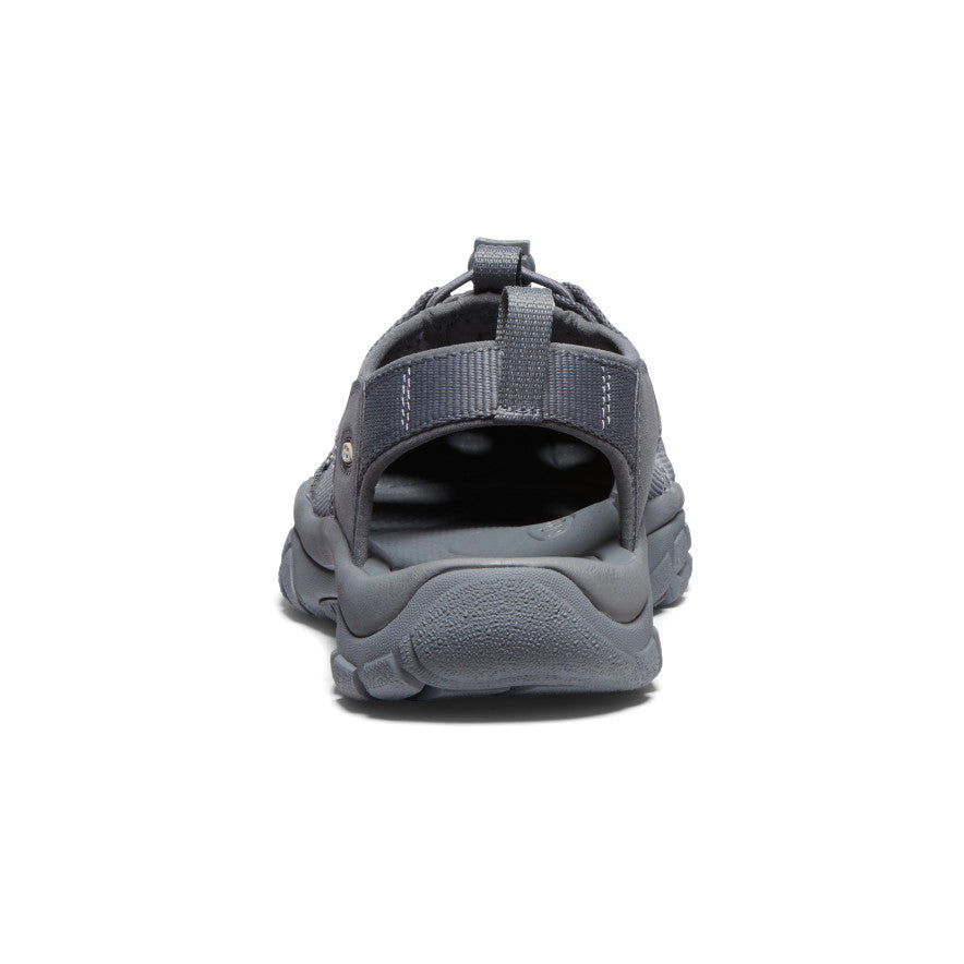 Keen Newport H2 sandals in gray with durable webbing straps and textured outsole, back view showing heel strap.