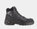 Reebok Work 6 Inch Sport Comp Toe Work Boot in black with leather upper, padded collar, lace-up design, and durable outsole, side view.