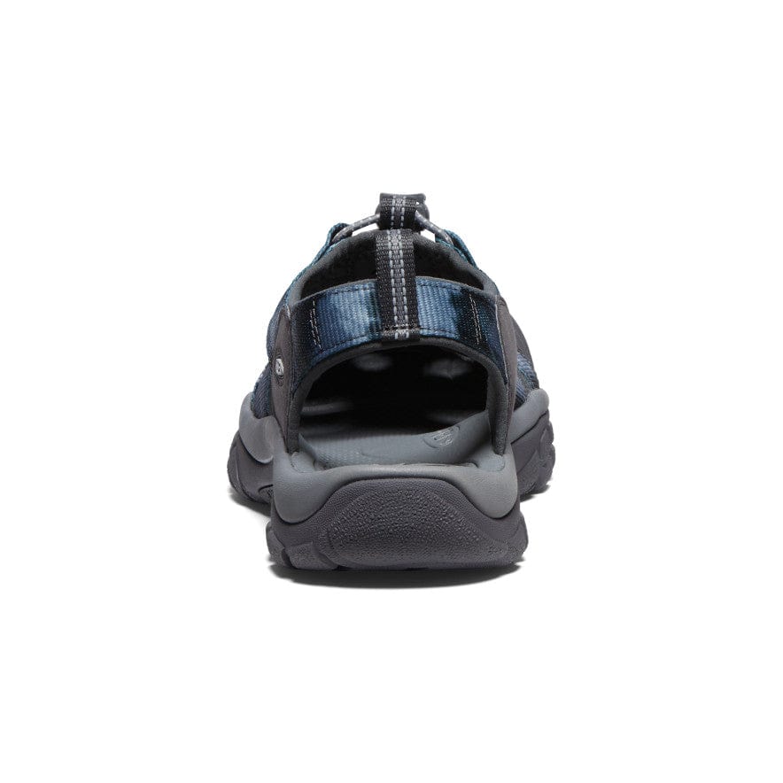 Keen Newport H2 sandals in gray and blue with a textured sole and adjustable heel strap, back view.
