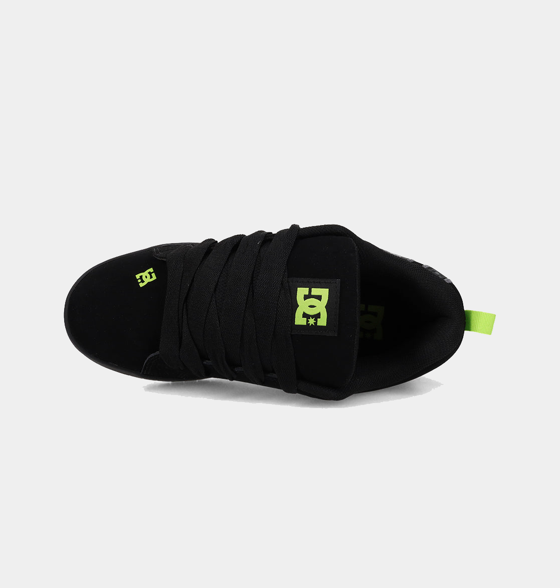 DC Footwear Court Graffik sneakers in black with neon green logo and heel pull tab, top view showing padded tongue and lace system.