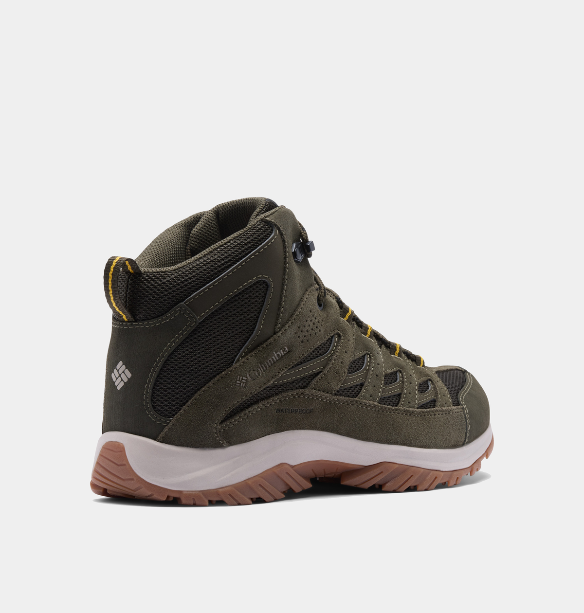 Columbia Crestwood Mid Waterproof hiking boots in olive green with suede and mesh upper, waterproof design, and rugged outsole, side view.