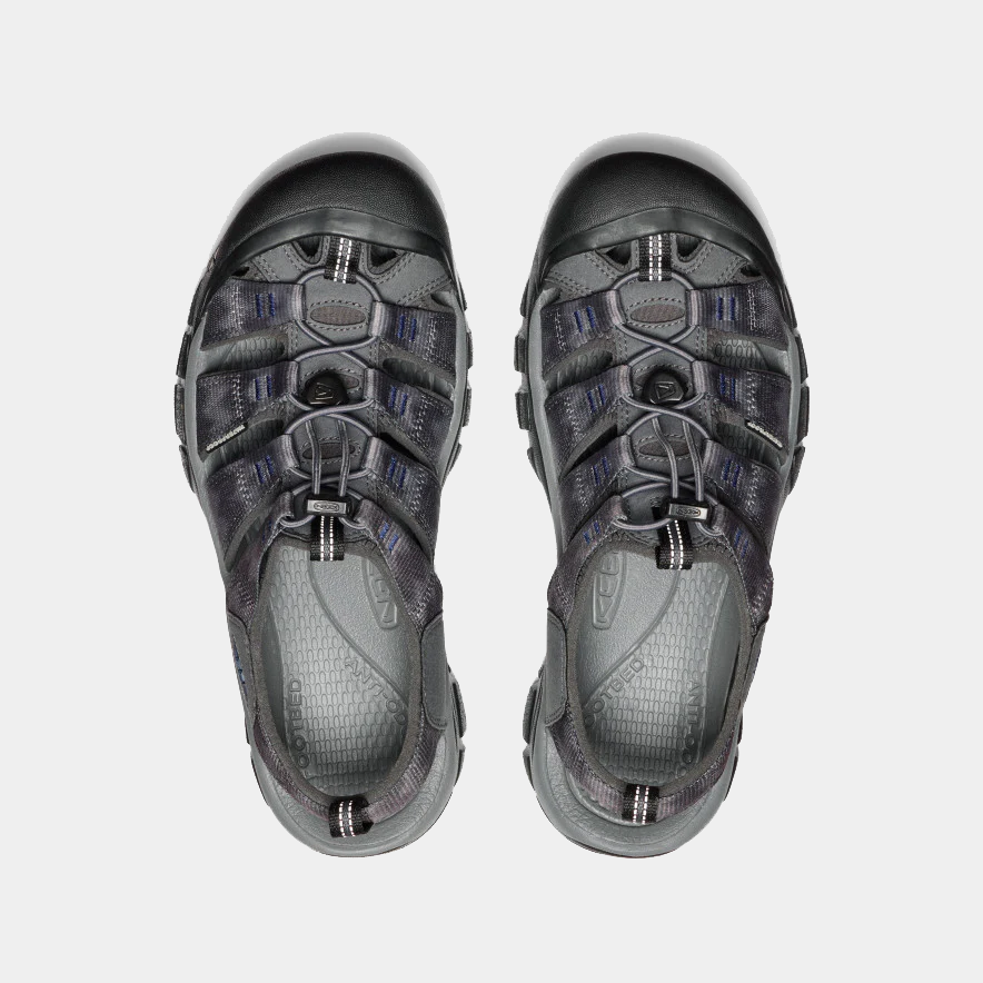 Keen Newport H2 sandals top view in dark gray with open toe design, bungee laces, and cushioned footbeds.