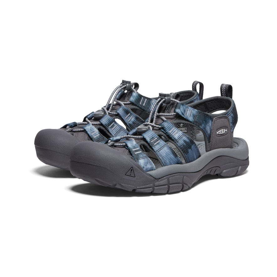 Keen Newport H2 sandals in gray and blue with durable toe cap, adjustable bungee laces, and quick-dry straps, front angle view.