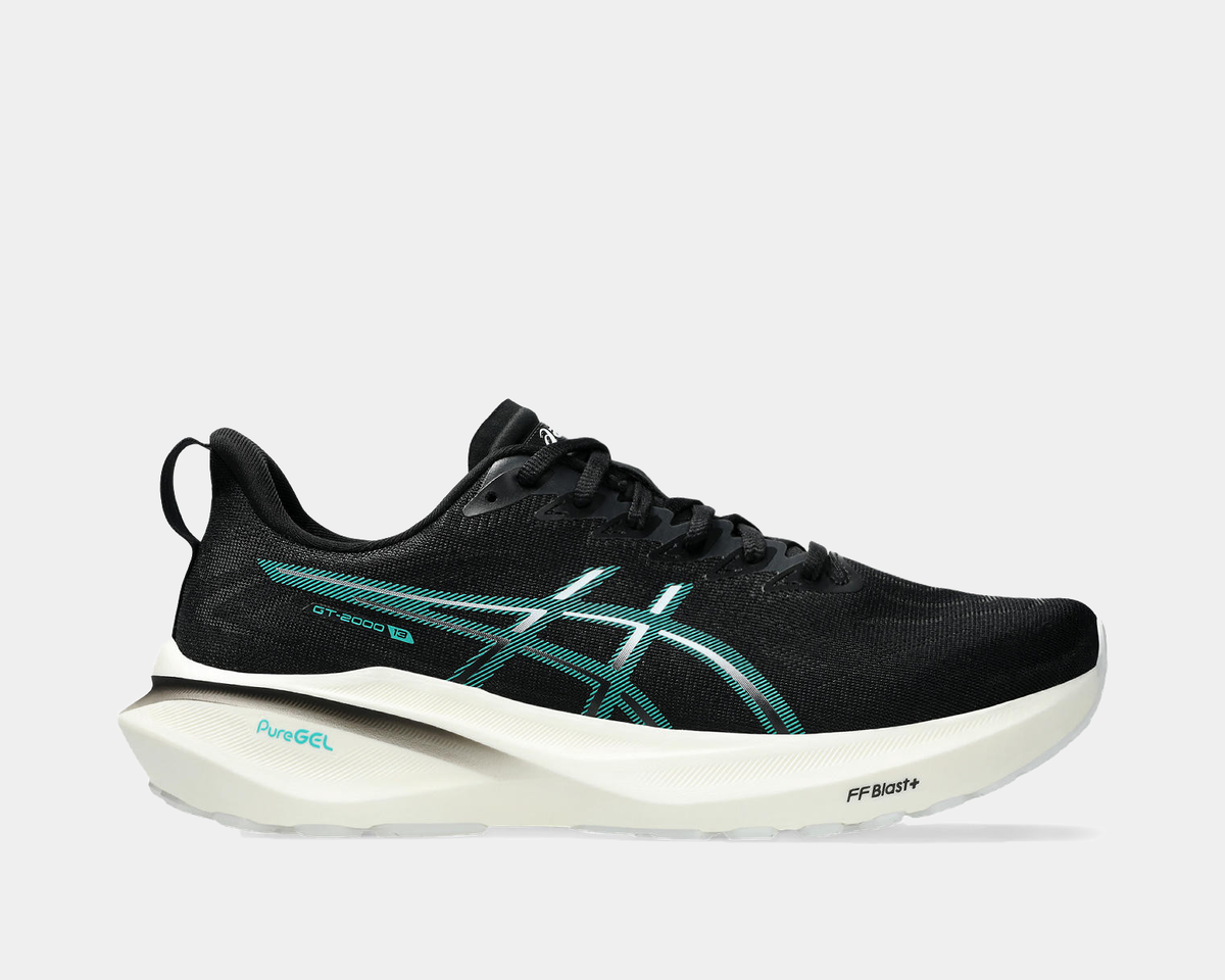 A pair of black ASICS GT-2000 13 running shoes with white and gray accents.