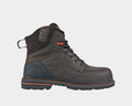 Hoss Carson 6" Composite Toe work boots in dark brown leather with black details, orange accents, and rugged sole, side view.