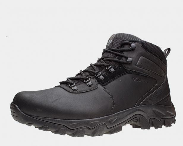 Columbia Newton Ridge Plus II Waterproof hiking boots in black with durable leather upper, rugged outsole, and lace-up design, side view.