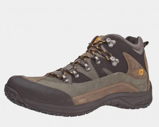 Dunham Cloud Boots hiking boots in gray and brown with suede and leather materials, black toe cap, and yellow-accented laces, side view.