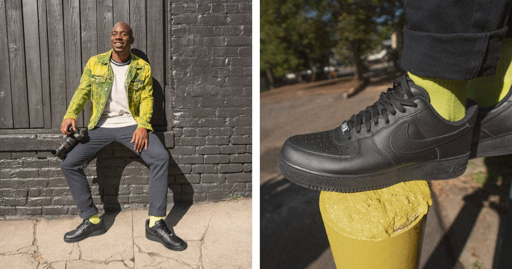 - Lifestyle: "Nike Air Force 1 '07 sneakers in black leather with tonal laces and perforated toe box, worn outdoors with neon yellow socks"  
- Close-up: "Nike Air Force 1 '07 sneakers in black leather with iconic Swoosh logo and textured sole, side view on yellow stand"