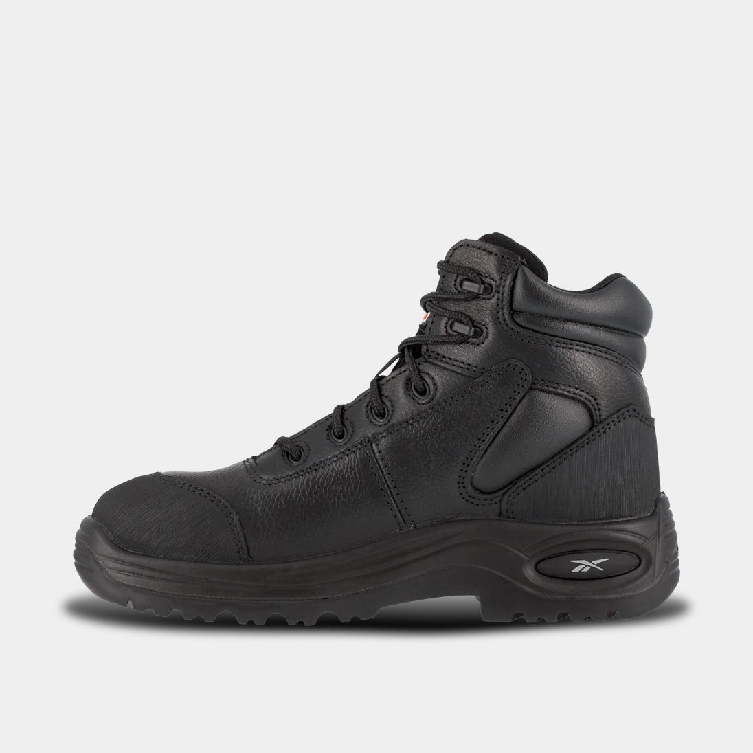 Reebok Work 6 Inch Sport Comp Toe Work Boot in black leather with padded ankle collar and composite toe, side view.