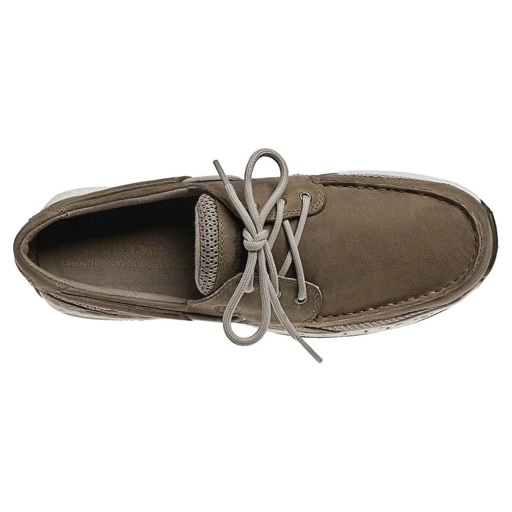 Dunham Captain shoes top view in taupe leather with moc-toe stitching and lace-up closure