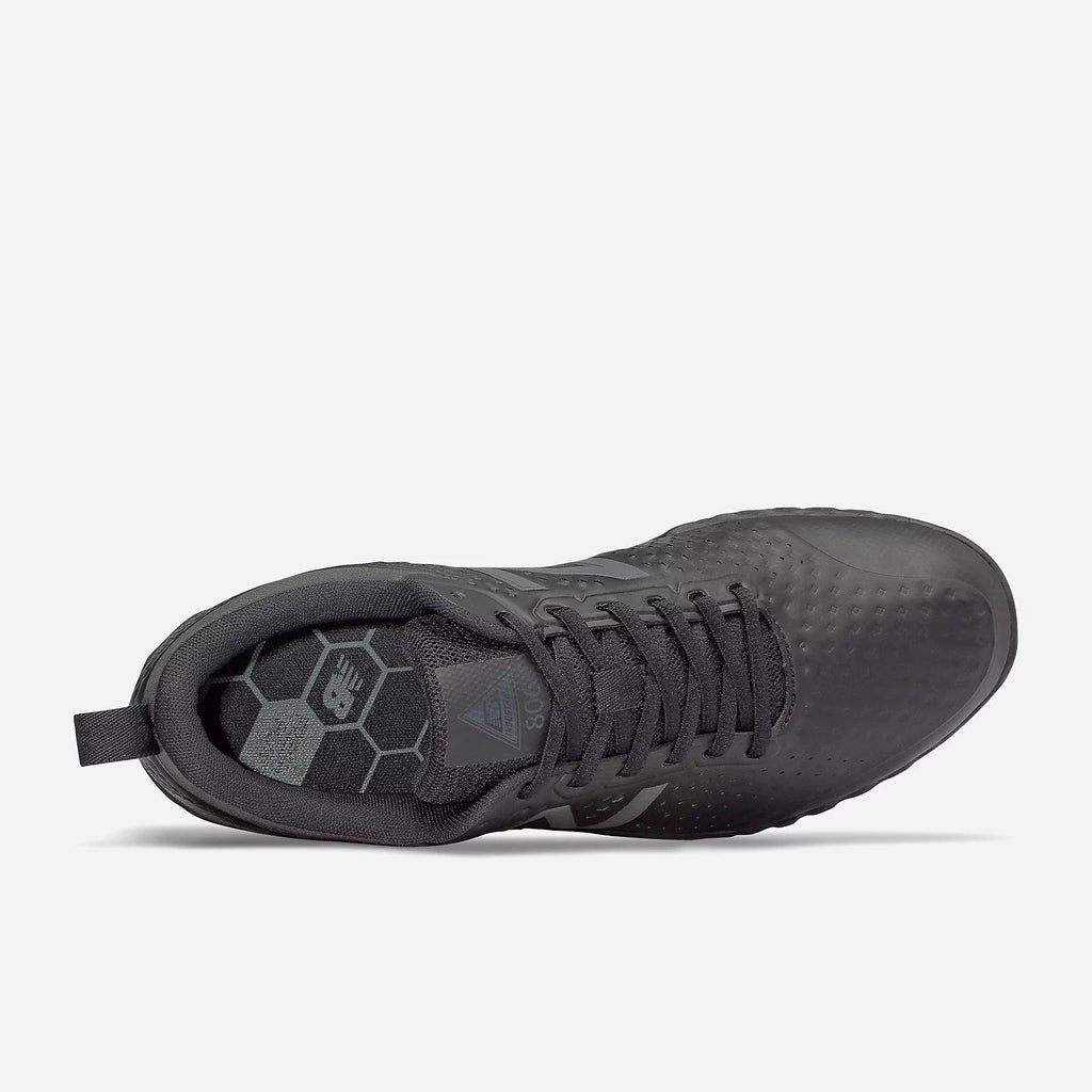 New Balance Slip Resistant Fresh Foam 806 shoes in black with textured synthetic upper and cushioned insole, top view.