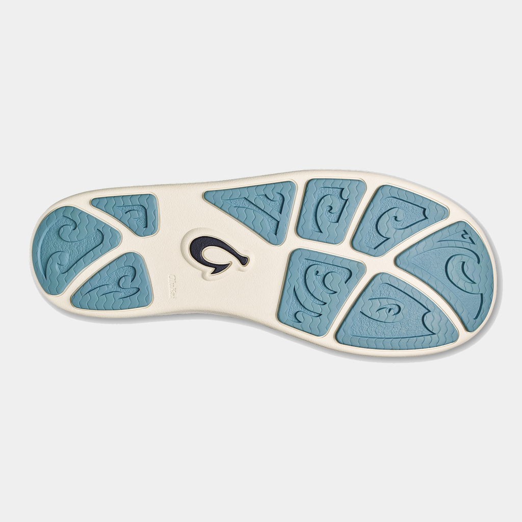 OluKai Nohea Mesh shoes outsole with textured wave-patterned blue rubber inserts and beige base, bottom view.