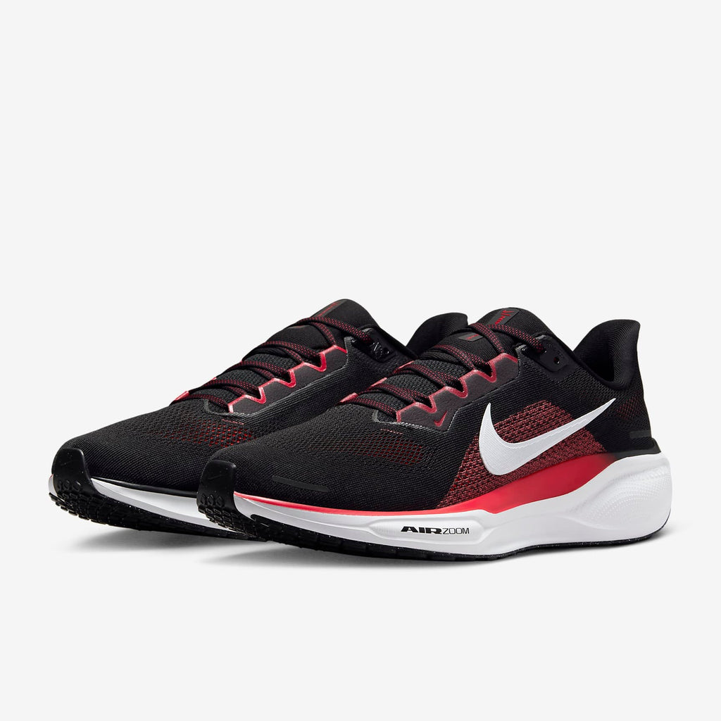 A pair of black Nike Air Zoom Pegasus 41 running shoes with white and red accents .