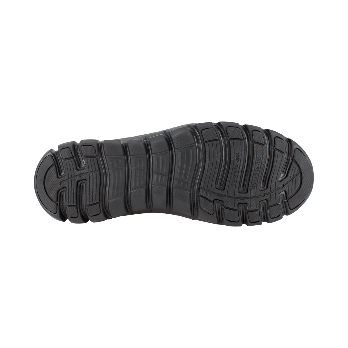 Reebok Work Sublite Cushion Work shoe outsole in black with slip-resistant tread pattern, bottom view.